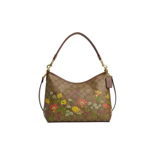 COACH Покрытый холст и гладкая кожа большая женская сумка золотая хаки и многоцветная
