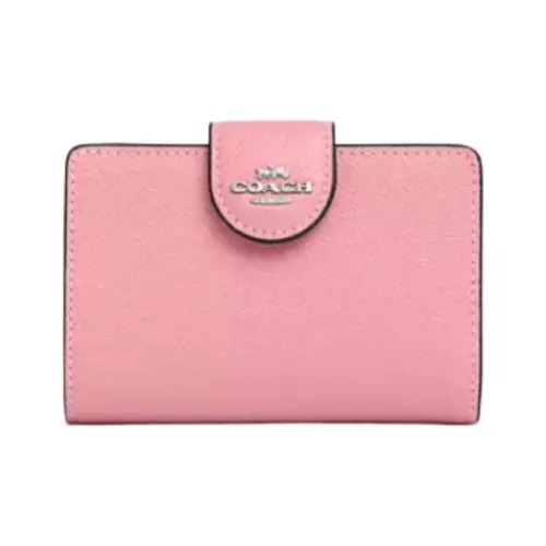 COACH Corner Zip Крестообразная текстура Кожа Кошелек Мини Женский Серебряный Цветочный Розовый