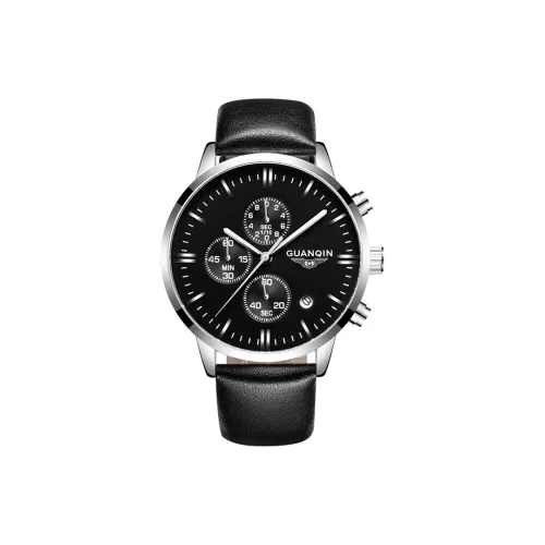 GUANQIN GQ86126 Кварцевый механизм Кожаный ремешок Часы Мужские Черный циферблат