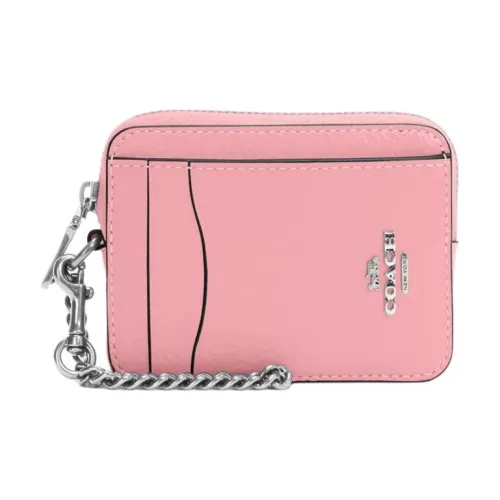 COACH Card Case Галечная кожа Картхолдер Мини Женский Серебряный и Цветочный Розовый