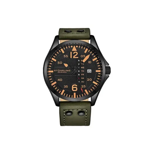 STUHRLING Schutz Pilot Watch Мужские Наручные часы Кварцевый механизм Кожаный ремешок Черный циферблат Мужские часы