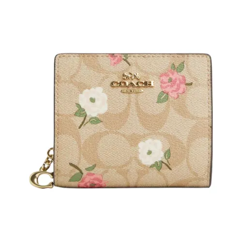 COACH Snap Wallet ICONIC Холст с покрытием и гладкая кожа Кошелек Мини Женские Золотой Светлый хаки Меловый разноцветный