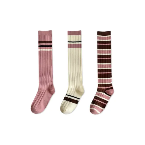 NGP 3 шт Розовый с Three stripes+Розовый с Два Полосы+Коричневый с Wide Полосы Женские Колено высокие Носки