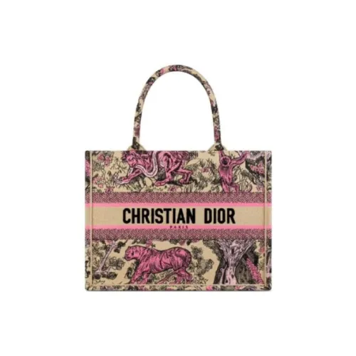 DIOR Вышивка Тоут Сумка Сумка для покупок Сумка среднего размера Женская Бежевая и Розовая