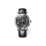 Серебряный корпус, металлический циферблат, черный кожаный ремешок