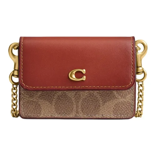 COACH Подпись Покрытый холст Утонченная телячья кожа Одно плечо Через плечо Держатель для карт Мини Женский Рыжевато-коричневый