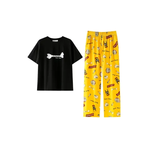 Meonsill Черный топ + Желтые брюки D33218 Женские Женские Пижамные комплекты