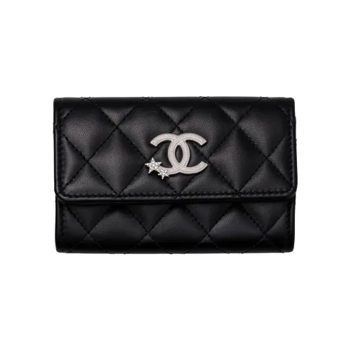 CHANEL Sheepskin Wallet Card Holder Women's Black
