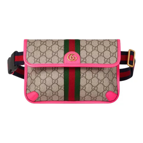 GUCCI Ophidia Холст и Кожа Одно Плечо Сумка через плечо Слинг-сумка Сумка на пояс Маленькая Женская Бежевая и Эбеновая и Розовая