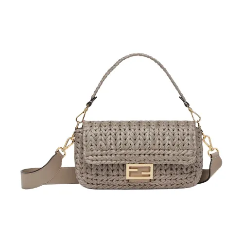 FENDI Baguette Кожа с Рафия Через плечо Одно плечо Сумка Средний Женские Серый