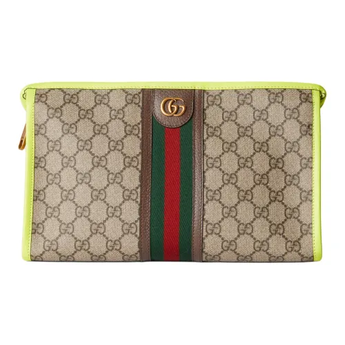 GUCCI Ophidia Холст с кожей Обметка Сумка из холста Ручной Makeup Bag Мужской Бежевый Эбеновый Желтый