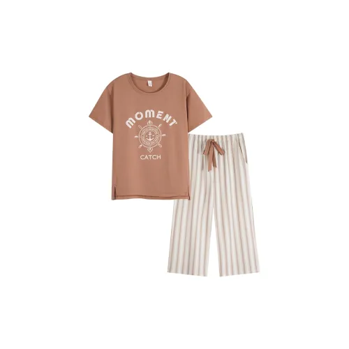 Sha Qian Пижамный комплект Летний Женский Красный Кофейный