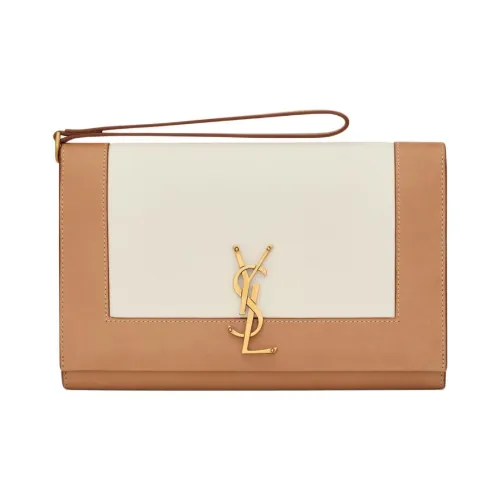 SAINT LAURENT Cassandre Lambskin Clutch Women's Ecru And Brown Gold SAINT LAURENT Cassandre Клатч из овечьей кожи Женские Экрю и Коричневый Золото