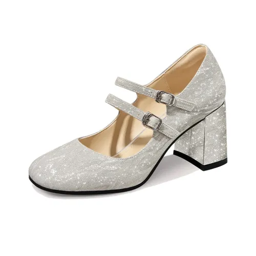 Lily Wei Грубый каблук Туфли Мэри Джейн 7 см Женские Серебряные