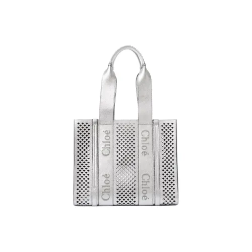 Chloe Woody Телячья кожа Тоут Сумка Сумка для покупок Сумка на плечо Сумка среднего размера Women's Silver