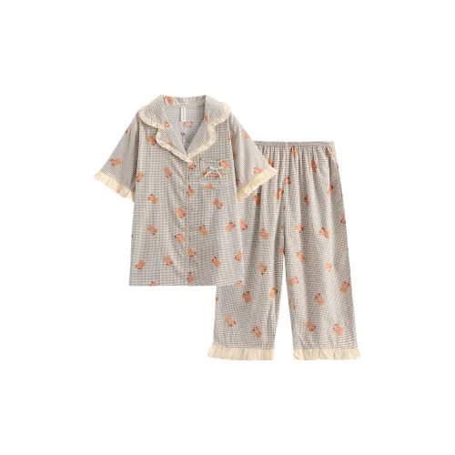 FENTENG Пижамный комплект женский серый зеленый клетка