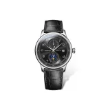 Серебряный корпус, металлический циферблат, черная кожа.