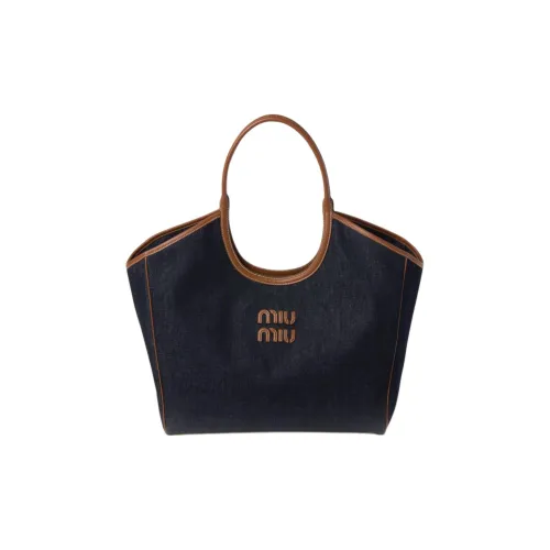 MIU MIU Denim Blend Ткань Сумка-тоут Сумка для покупок Сумка через плечо Сумка Женская Синяя и Коричневая