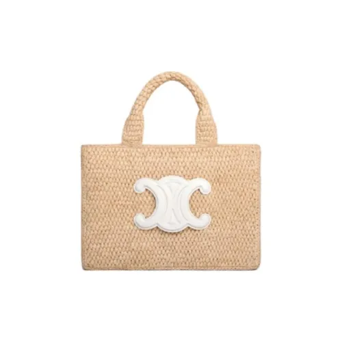 CELINE Cabas Thais Рафия Телячья кожа Сумка через плечо Сумка Маленькая Женская Белая и Естественная