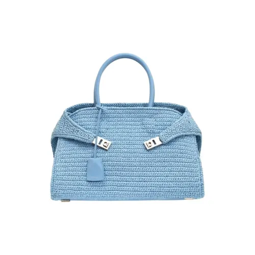 Ferragamo Рафия Волокно Телячья Кожа Сумка через плечо Сумка среднего размера Женская Небесно-голубая