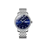 Белый корпус, синий циферблат, стальной браслет.