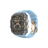 Углеродное волокно, Розово-золотой, Прозрачный белый средняя рамка, Небесно-голубой фторэластомерный ремешок, Розово-золотая застежка-бабочка