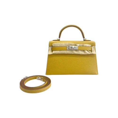 HERMES Kelly Сумка из козьей кожи Kelly Сумка через плечо Мини Сумка Женская Янтарно-желтая с каштановой подкладкой