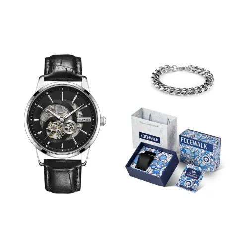 FOCEWALK Механическое устройство Кожаный ремешок Часы Мужские Черный циферблат