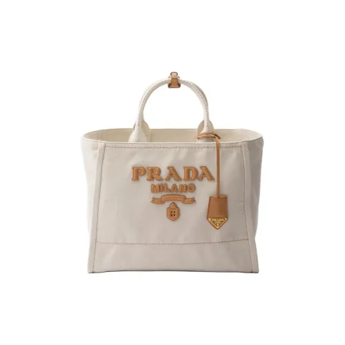 PRADA Ткань с кожаными вставками Тоут Сумка Сумка для покупок Сумка Большая Женская Песочно-белая
