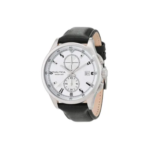 NAUTICA Наручные часы Кварцевый механизм Натуральная кожа Ремешок 44 мм Серебристый циферблат Мужские часы NAD16556G