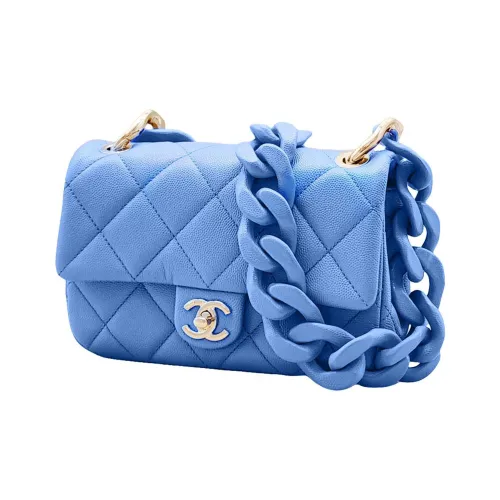 CHANEL Sheepskin Mini Square Flap Bag Crossbody Bag Medium Women's Blue