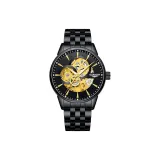 Черный корпус с черным циферблатом, золотой браслет с заклепками, стальной браслет.