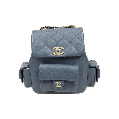 CHANEL Коровья крупнозернистая текстура Рюкзак Большой Женский Серый Синий