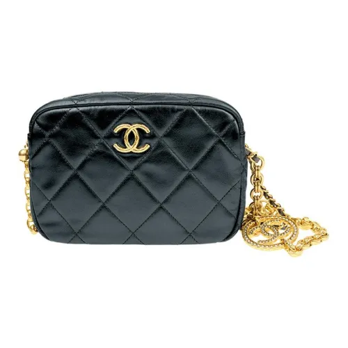 CHANEL Корова Кожа и Золото Металл Camera Сумка Сумка через плечо Мини Женская Черная