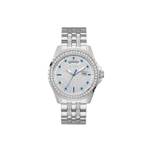 GUESS Мужские часы Кварцевый механизм Ремешок из нержавеющей стали 44 мм Серебристый циферблат