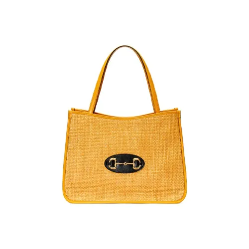 GUCCI Horsebit 1955 Плетеная солома с кожаными вставками Сумка на одно плечо Женская Желтая
