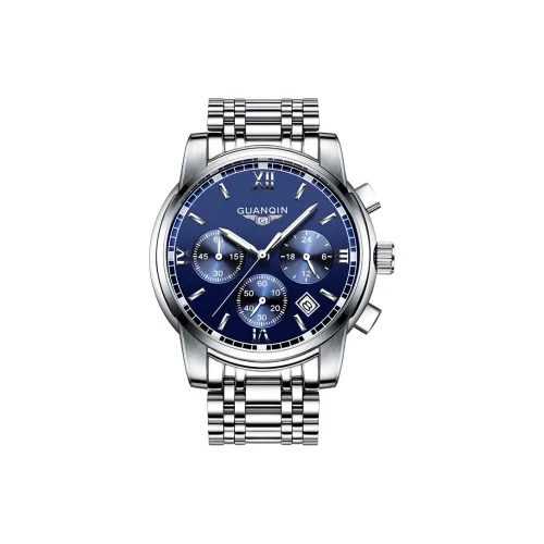 GUANQIN Тройной Eye Многофункциональный DS19018.BLP Кварцевый механизм Нержавеющий стальной ремешок Часы Мужские Часы Синий циферблат