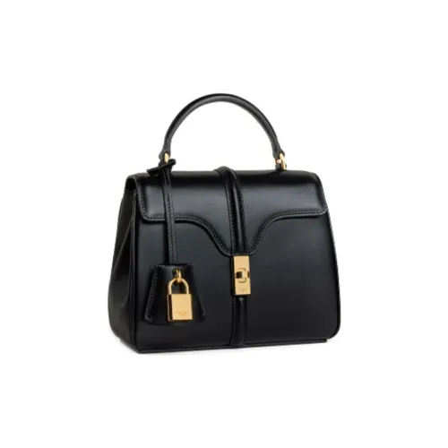 CELINE 16 Сатин Коровья кожа с Овчина Подкладка Сумка через плечо Сумка Мини Женская Черная