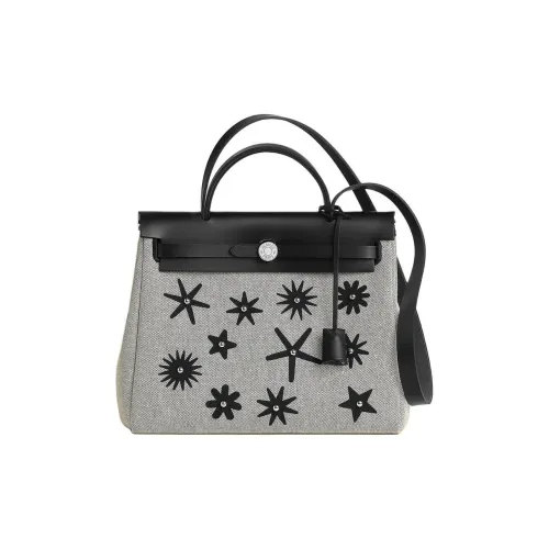 HERMES Herbag Zip H Plume Холст Тоут Сумка Сумка для покупок Сумка Женская Черная и Серая