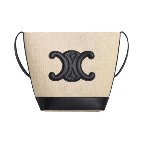 CELINE Cuir Triomphe Холст с кожей Ведрообразная сумка Сумка через плечо Маленькая Женская Ванильный Черный