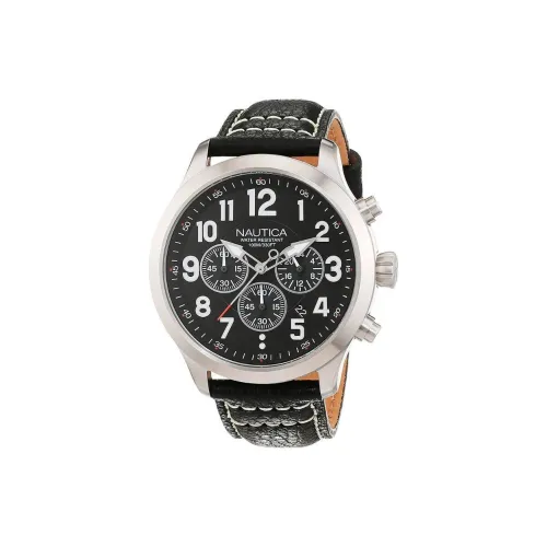 NAUTICA Наручные часы Кварцевый механизм Кожаный ремешок 44 мм Черный циферблат Мужские часы
