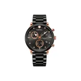 Черный корпус, розовый ободок, черный ремешок, циферблат цвета оружия