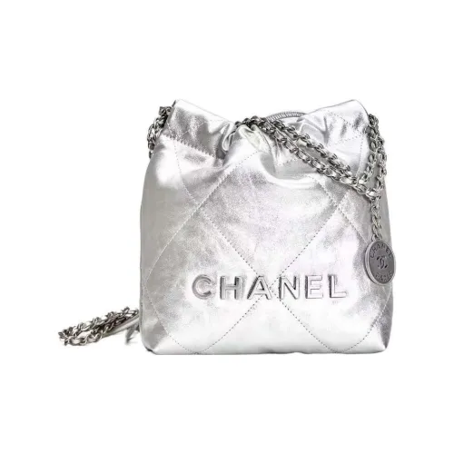 CHANEL 22Bag Яркий Телячья кожа Ведрообразная Сумка Сумка через плечо Мини Женская Серебряная