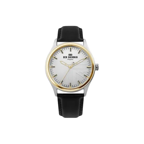 BEN SHERMAN Наручные часы Кварцевый механизм Кожаный ремешок 42 мм Серебристый циферблат Мужские часы WB036 B