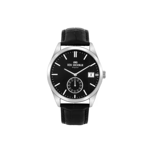 BEN SHERMAN Наручные часы Кварцевый механизм Кожаный ремешок 43 мм Черный циферблат Мужские часы WB039 BB