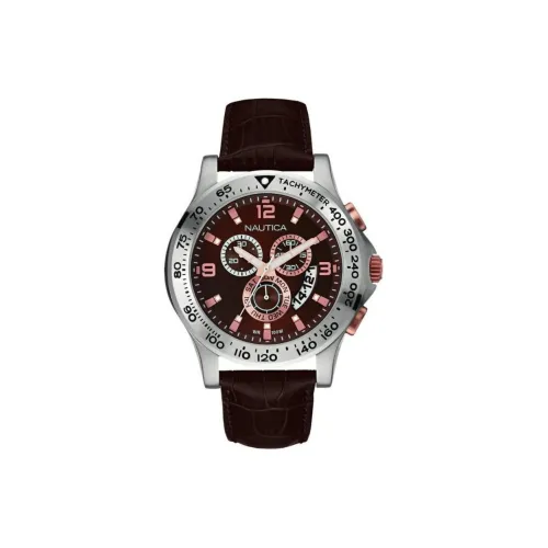 NAUTICA Наручные часы Кварцевый механизм Кожаный ремешок 45 мм Коричневый циферблат Мужские часы