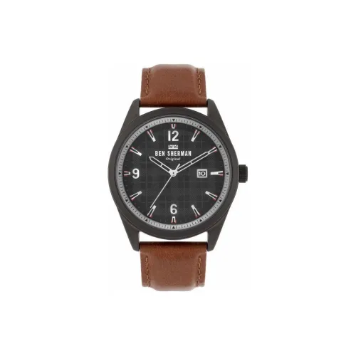 BEN SHERMAN Наручные часы Кварцевый механизм Кожаный ремешок 42 мм Черный циферблат Мужские часы WB040 TB