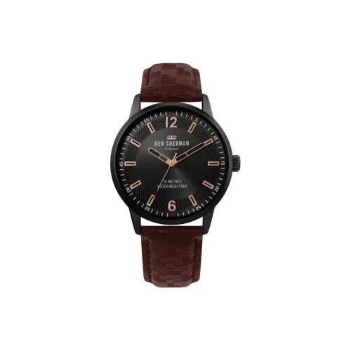 BEN SHERMAN Наручные часы Кварцевый механизм Кожаный ремешок 43 мм Черный циферблат Мужские часы WB029 TB