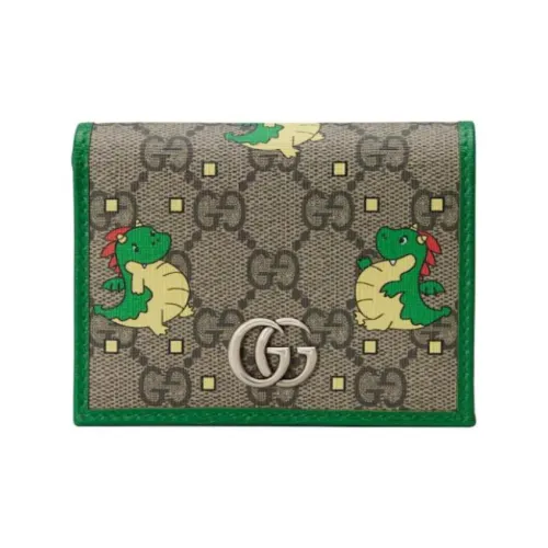 GUCCI Китайский Новый Год Холст и Кожа Держатель для Карт Женские Зеленый и Коричневый