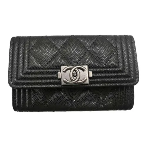 CHANEL LEBOY Личи Кожа Сумка с клапаном Кошелек Держатель для карт Женский Черный